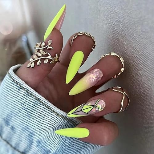 Mgmxbsth 24Pcs Almond False Nails - Yellow Cosplay Press On - Y2K Full Cover Stick On - French Fake Nail Art for Women and Girls (Fluorescent)