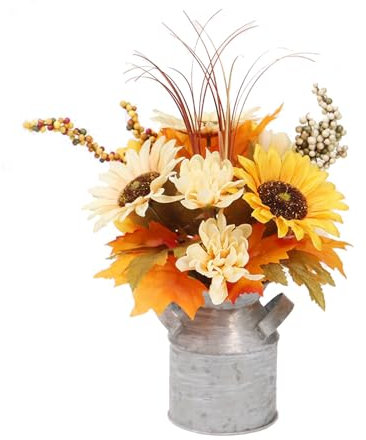 YLSZHYR Fleurs D'automne Artificielles avec Pot en Métal Bouquet de Fausses Fleurs D'automne avec Pichet en Métal Vintage Vase de Fleurs Fleurs Orange dans des Arrangements de(sunflower-Champagne)