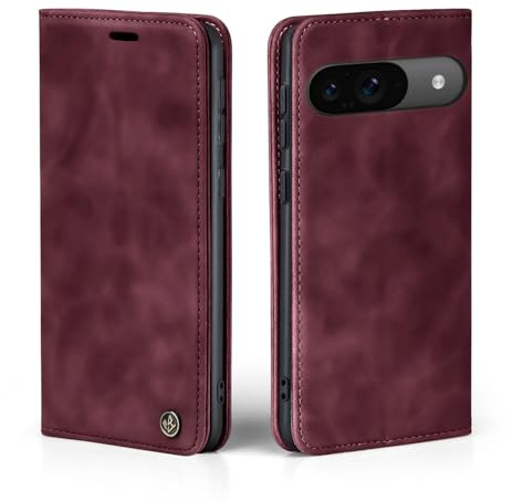 LBH Handyhülle für Google Pixel 9/9 Pro in Weinrot mit Karten- und Geldfach Smartphone Hülle mit Standfunktion Flip Case Schutzhülle Magnetverschluss Vintage