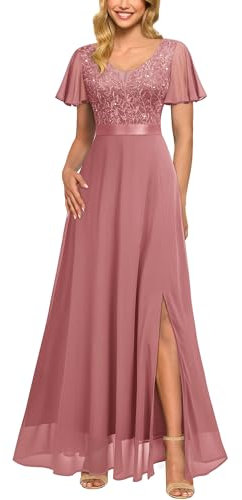 MIUSOL Women's Elegant Double V-Neck Sequin Embroidered Prom Bridesmaids Party Gown Formal Maxi Dress (XX-Large, Rosiness)