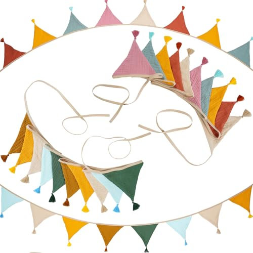 2 Stück Wimpelkette Kinderzimmer, 2.6m Musselin Baumwolle Stoff Mit Quasten, Outdoor Wetterfest Deko Girlande Für Hausbett, Kinderbett, Wanddeko