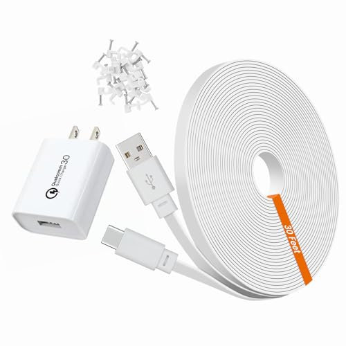 30ft Power Extension Cable for Tapo TP-Link 2K QHD C120 Security Camera - 9m USB C Long Flat Charging Cord with 18W Fast Charger, White