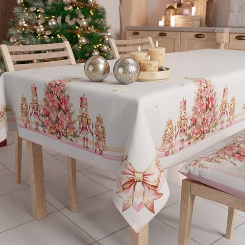 PETTI Artigiani Italiani - Tovaglia Natalizia Antimacchia Rettangolare Copritavolo Natalizio Cucina Disegno Schiaccianoci Rosa X12 Posti (140x240 cm) 100% Made in Italy
