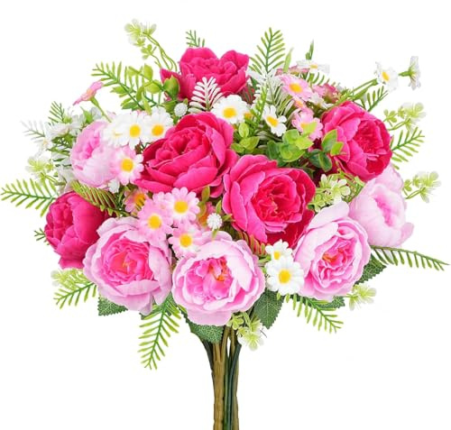 Zythrem Artificial Peonies Pink Artificial Flowers Fake Silk Peonies Bouquets Mix Peony Daisy Flower Faux Spring Flowers for Graves Wedding Party Home Table Centerpieces Garden Floral Arrangement