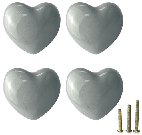 Mimhooy 4 Pack Gray Ceramic Drawer Knobs Decorative Cabinet Knobs, Heart Shaped Cupboard Knobs, Knobs for Cupboards & Draws