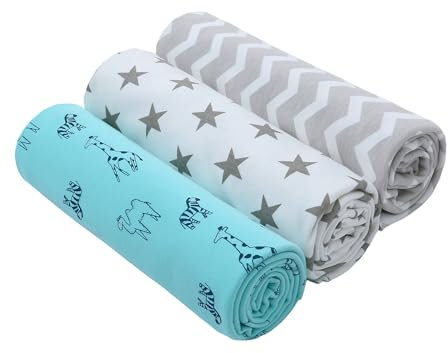 LAT Baby Pucktüch für Neugeborene, 90x90cm 3er Set Baumwolle Baby Mulltuch Spucktuch Puckdecke Babydecke Swaddle Decke (Giraffe+Stern+Welle)