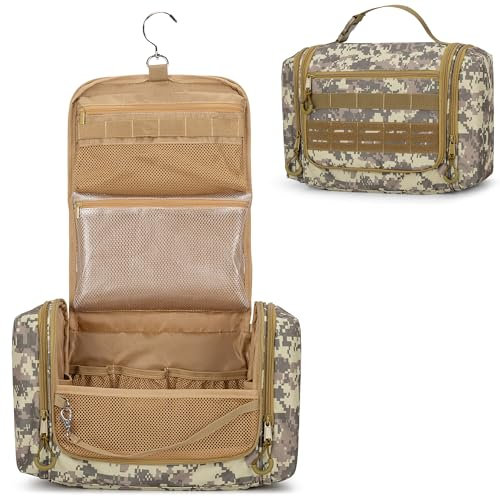 Prokva Kulturbeutel Zum Aufhängen für Reise, Herren, Großes Taktisches Kulturtasche, Hygienetasche, Dusch Organizer mit Haken für Toilettenartikel und Rasierpflege, Camouflage Braun (Leere Tasche)