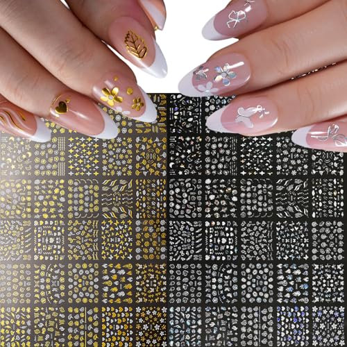 GZMAYUEN 60 Blätter Gold Silber Nail Art Aufkleber 3D Selbstklebende Gold Silber Blume Nagel Aufkleber Stern Nagel Aufkleber für Nail Art Nail Design Dekoration Zubehör für Frauen Mädchen