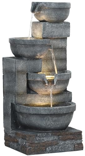 Outsunny Fuente de Agua Fuente de Jardín con Iluminación LED Fuente Decorativa en Cascada de 4 Niveles para Jardín Patio Terraza 38x35x78,5 cm Gris