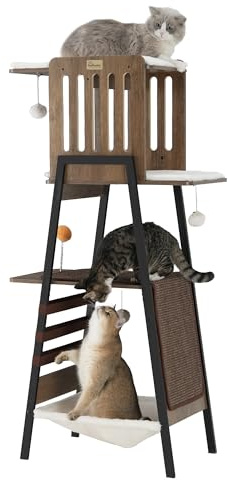 FourFurPets 147 cm Cat Tree, Modern Cat Tower for Indoor Cats, Cat Tree for Large Cats with Scratching Board, Large Perch, Hammock and Removable Pads, Greige