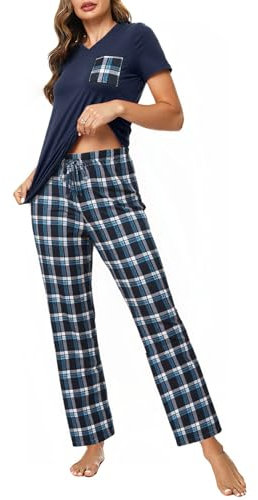 Crewhpo Pyjama Femme Été Coton Ensembles de Pyjama Femme à Col en V 2 Pièces Vêtements de Nuit Doux T-Shirt Manche Courte et Pantalon à Carreaux Bleu Foncé M