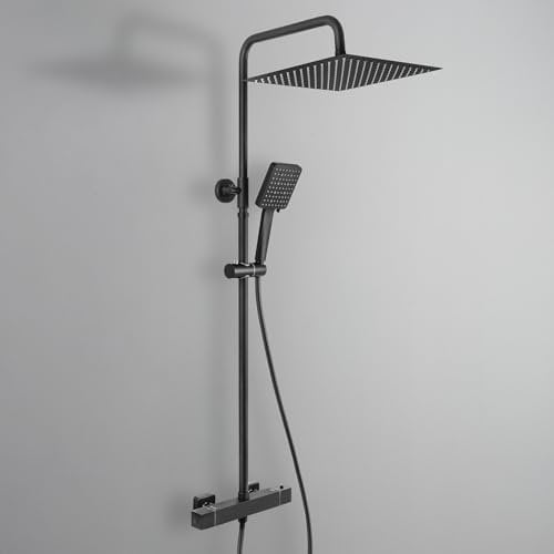 DERW Thermostatic Shower Mixer Set with 12 Square Rainfall Shower Head(304 Stainless Steel), 6 Modes Square Shower Head with Rotating Bracket, Anti-Leak Hose, Anti-Scald,Easy Install (Black)