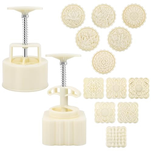 Luxiv 200g Mooncake Mold Set, 12 Patterns Round And Square Hand Press Molds | 2 Moon Cake Mold Sets, Food-grade Material, 6 Round Pattern And 6 Square, For DIY Mooncakes, Cookies, Pastry And Desserts
