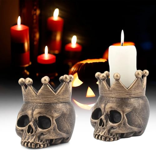 Totenkopf Kerzenhalter,Kerzenleuchter aus Kunstharz,Halloween Vintage Kerzenständer,Totenkopf Home Desktop Dekorativer Kerzenständer,Halloween Dekorationen 2 Stück Bronze Tokaneit