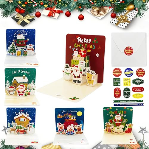Xcdhemde® 6 stycken 3D Julkort med Kuvert och Klistermärken | Popup Christmas Cards, Mini Jul Gratulationskort för Barn, Familj, Vänner- 10x10cm