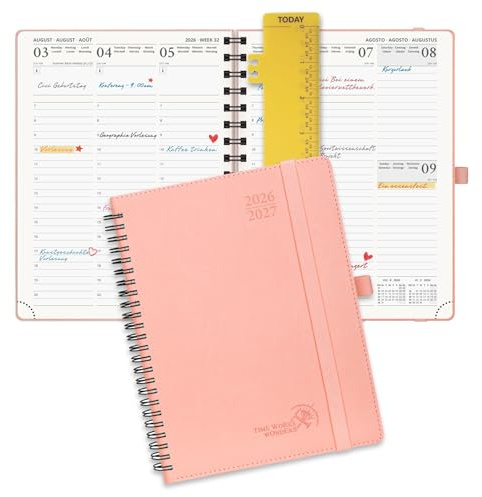 POPRUN Kalender 2026 2027 Wochenplaner, ca. A5 Spiralbuch mit Softcover | 17-Monate-Terminplaner,(Aug,2026-Dez,2027),1 Woche 2 Seite,ca,A5(21,8 x 16,4cm)(Rosa)