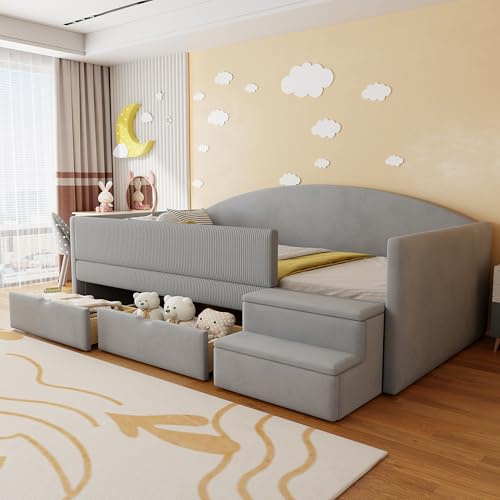 Kebnor Polsterbett Sofabett,90 * 190cm,Multifunktionsbett,Mit Zwei Schubladen und Zäunen,Mit Stufen,Hautfreundlicher Samtstoff,ohne Matratze (Hellgrau)