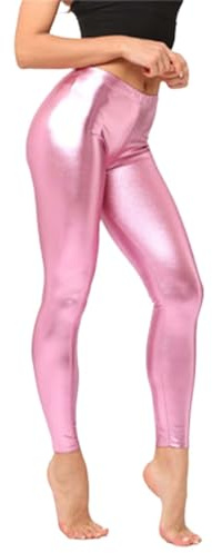 Silber Metallic Leggings Damen Glänzend Kunstleder Wetlook Leggings PU Leder Yoga Hose Tanzhose 70er 80er 90er Party Tanz Disco Karneval Alien Kostüm Leggins Lederoptik