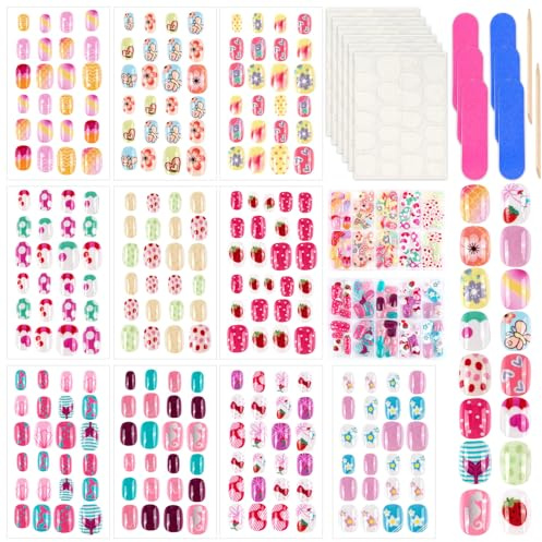 Fantasyon 240Pcs Lovely Press on Nails for Kids, Short Acrylic Set | 10 styles & 10 sizes with adhesive tabs, glue-on nails for children, includes nail file & storage box, ideal party favor