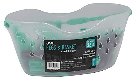JVL Peg Basket with Built-In Attachable Clothes Hook Line with 36 Coloured Pegs