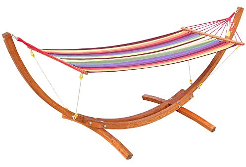 Outsunny Outdoor Hammock with Stand, Free Standing Hammock with Arc Wooden Frame and 200 x 100cm Fabric, Garden Swing Hanging Bed with Safe Ropes, Multicolour