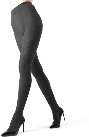 MeMoi Toronto Cable Cotton Tights for Women, Cozy and Breathable Warm Sweater Tights - Sizes S to XL, Dark Gray Heather, Medium/Large