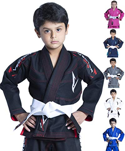 Vector Kids Brazilian Jiu Jitsu BJJ Gi with Free White Belt 100% Cotton Pearl Weave Kimono Ultra Lightweight Preshrunk Fabric (Black, K0)