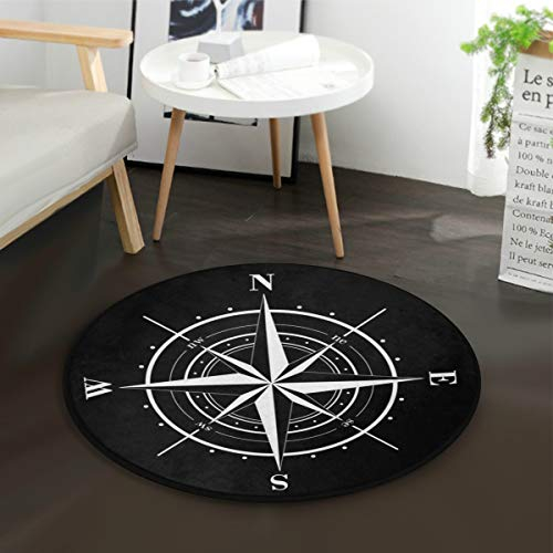 Mnsruu Kompass Wind Rose schwarz weiß rund Bereich Teppich für Wohnzimmer Schlafzimmer 92 cm Durchmesser