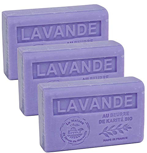 Savon de Marseille – Französische Seife aus Bio-Sheabutter – Lavendelduft – für alle Hauttypen geeignet – 125 g Riegel – 3 Stück