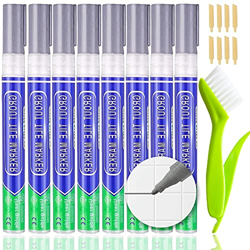 KOOLPUG Grout Pen Dark Grey with Tile Grout Cleaner Brush, 8 pcs Tile Grout, Anti Mould Grout Reviver, Sealant for Restoring Bathroom and Kitchens