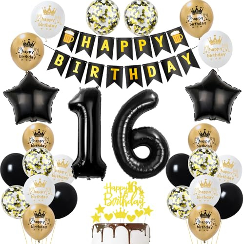 16 Geburtstag Deko Junge Mädchen, Gold Schwarz Party Deko 16. Geburtstag Junge Mädchen mit Luftballons Zahl 16 Tortendeko Happy Birthday Banner Ballons für Geburtstagsdeko 16 jahre