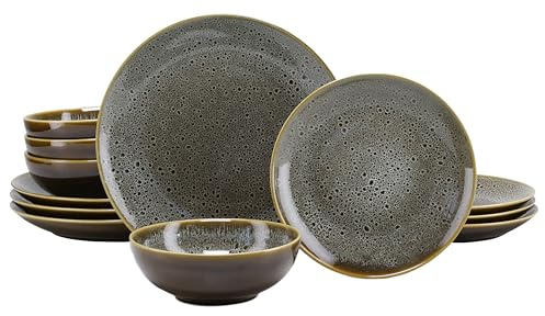 CreaTable, 23678, Serie Reactive Nostalgic (Grau/Cognac), 12-teiliges Geschirrset für 12 Personen, Teller Set aus Steinzeug, spülmaschinen- und mikrowellengeeignet, Qualitätsproduktion