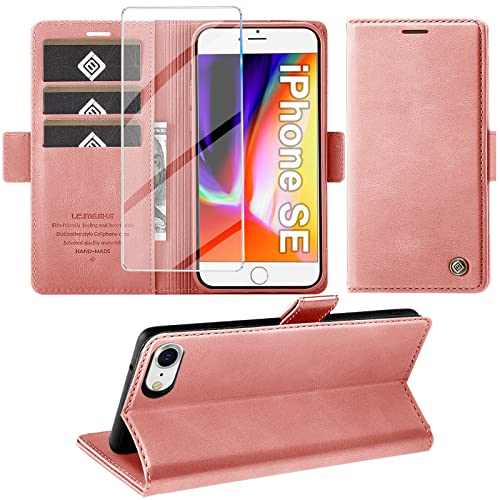 Giyer Handyhülle für iPhone SE 2022/2020 iPhone 8/7 Hülle mit Schutzfolie, Standfunktion Kartenfach Wallet Premium Leder Schutzhülle iPhone 7/8/SE 4.7 Zoll Flip Case Cover Stoßfeste Klapphülle (Rosa)