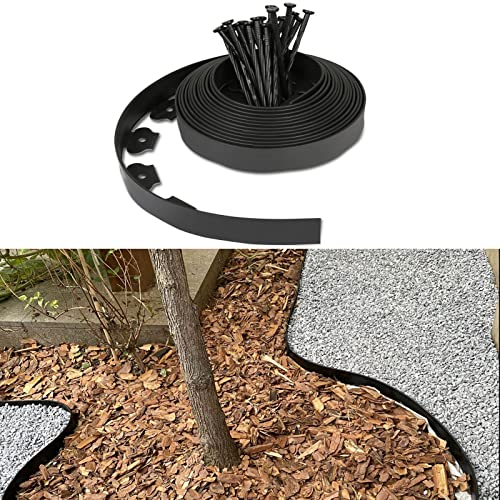 Herrselsam Flexible Rasenkante Kunststoff, Rasenkante Wurzelsperre System mit 30 Erdanker zur Verankerung, Flexible Beeteinfassung Wurzelsperre Garteneinfassung, Länge 10m Höhe 5cm, Schwarz
