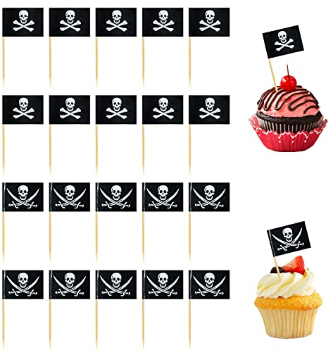 LSYYSL 200 palillos de dientes con bandera pirata para decoración de cupcakes, decoración de tartas, cócteles piratas para fiestas de cumpleaños, fiestas temáticas, decoración de Halloween