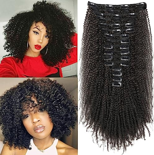 EINbeauty Kinky-Curly Clip in Extensions Echthaar 240g-16pc Invisible Perücke Extensions für Schwarze Frauen - Natürliche Schwarze Human Hair 12inch+14inch