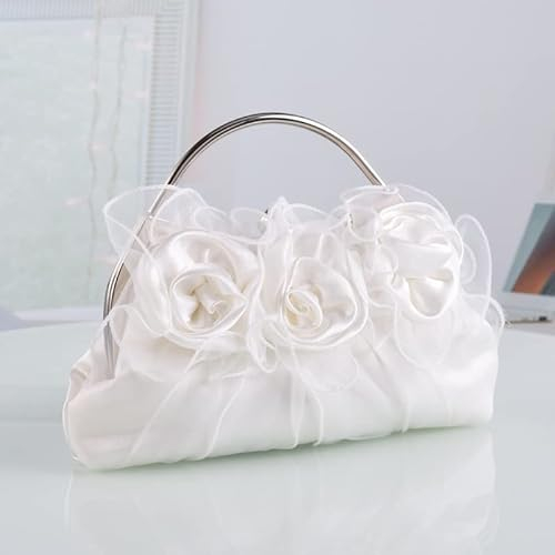 HUFFA Designer-Satin-Geldbörsen und Handtaschen, Damen-Abendtasche mit Blumenmuster, solide Luxus-Taschen mit weißem Blumenmuster, Braut-Tageskupplungen, Abendessen-Tasche (Color : Weiß)