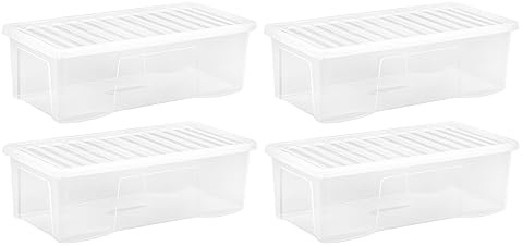 JMS we create smile Crystal 62L Clear Plastic Storage Boxes with Lids. Large Size, Strong (Pack of 4, 62 Litre) Made in the UK.