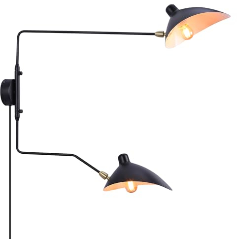 SUNLLOK Moderne Swing Arm Doppelkopf- Wandleuchte mit Stecker in Schnur-rustikale justierbare Schwarz Hängende Wandleuchte für Industrielle Metall Lesen Dekoration für Wohnzimmer Kinder Schlafzimmer