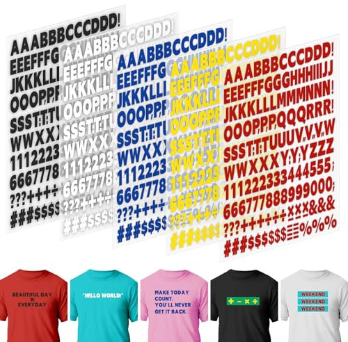 10 Sheets 1660 Pieces Iron on Letters and Numbers, 1 Inch 5 Colors Vinyl Letters with A-Z Heat Transfer Letters 0-9 PU Iron on Numbers for Clothing T-Shirt DIY Crafts (Black, White, Yellow, Red, Blue)
