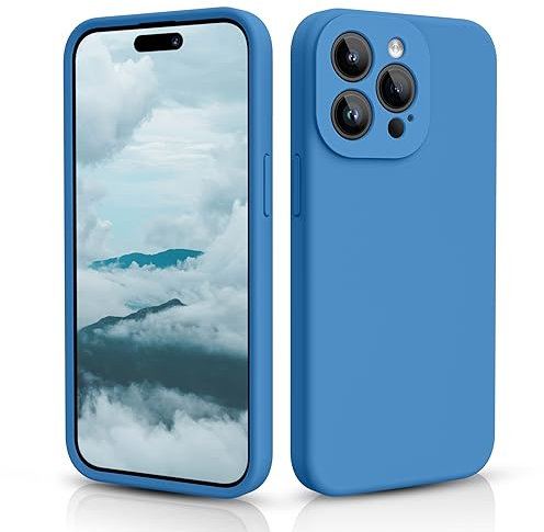 CALOOP Slim-Fit for iPhone 15 Pro Max Case,Skin Soft Liquid Silicone,Sturdy Hard Frame Shockproof Cover with Anti-Scratch Microfiber Lining,Full Protection for Screen and Lens,6.7 inch(Blue)