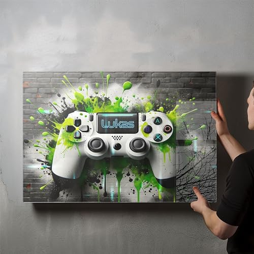 timalo® Gaming Acryl-Wandbild personalisiertes Gamer Bild mit Namen aus Acrylglas - Glasbild gaming room für die Wand Jugendzimmer Acrylglasbild Acrylbild Glas | 120x60cm Graffiti Controller