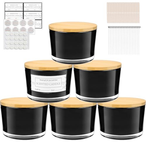 CONNOO Lot de 6 pots à bougies vides en verre noir à 3 mèches de 473,6 g avec couvercles en bambou, étiquettes d'avertissement adhésives et un kit de mèche de bougie pour la fabrication de bougies –
