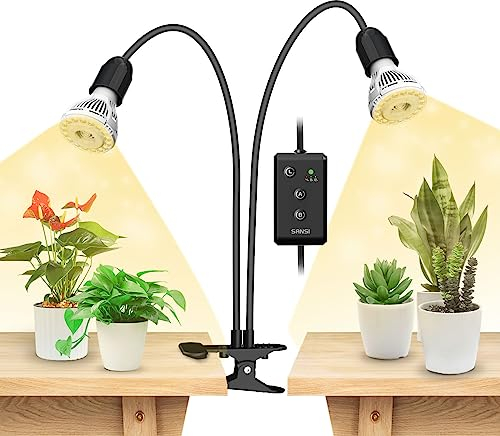 SANSI LED Pflanzenlampe für Zimmerpflanzen, 300W Vollspektrum 2-Schwanenhals Clip On Pflanzenlicht mit Timer 4/8/12 Stunden, 20W Wachstumslampe mit hoher PPFD für Indoor Pflanzenwachstum