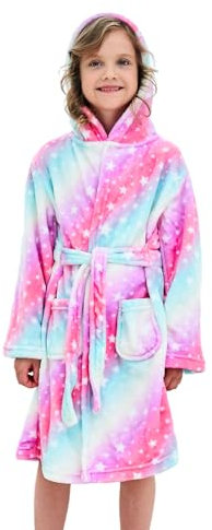 Piefry Morbido Accappatoio con Cappuccio per Bambine e Ragazze in Pile Vestaglia da Notte per Bambini (Stelle Rosa/Viola, 10-11 anni)
