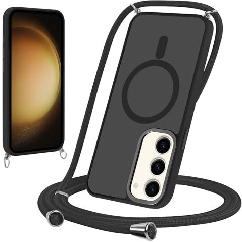 Yodege Handykette für Samsung Galaxy S23 Hülle mit Band, Magnetische Handyhülle Kompatibel mit MagSafe, Transluzente PC + TPU Stoßfest Schutzhülle mit Kordel Case für Samsung S23, Schwarz