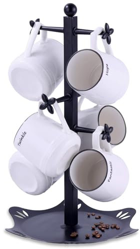 Ouseen Coffee Mug Holder, Coffee Mug Tree for Counter Large Mugs, Mug Holder with Tray, Coffee Cup Holder with 6 Hooks, Mug Stand for Counter, Coffee Bar Accessory, Coffee Station Organizer, Black