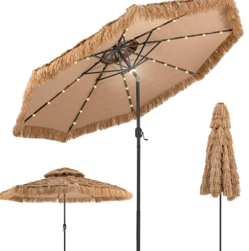 RELAX4LIFE Hawaii Sonnenschirm 300 cm, mit 32 LED Beleuchtung, Reisstroh Strandschirm, Strohschirm mit Neigungsfunktion, Balkonschirm mit Doppeldach, Gartenschirm Terrassenschirm UV-beständig