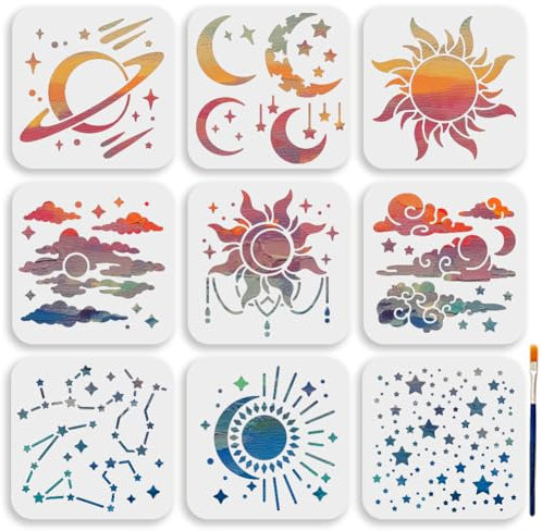 MAYJOYDIY 9 pochoir Étoile Soleil Lune 15× 15cm Planète Nuages Étoile Rivière Modèle avec Pinceau Réutilisable Apollo Soleil Modèle en Plastique pour Peinture Sur Bois Mur Tissu Décoration Intérieure