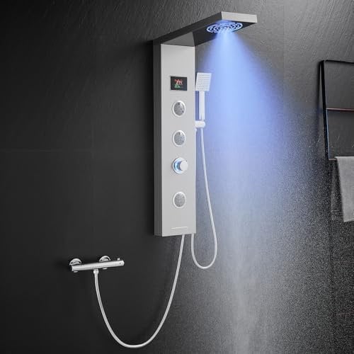 KINKIBOS Duschpaneel ohne Armatur, 6 Funktionen Duschpaneel mit LED Temperaturanzeige Regendusche, Nebeldusche, 2 Modi Massagedüsen, Handbrause und Wanneneinlauf, Duschsäule aus Edelstahl 304